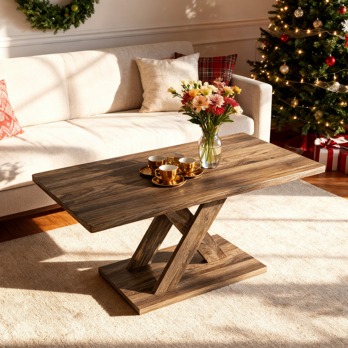 37.5 Inch Rectangular Coffee Table with Stable Base and Rubber Wood Connection for Living Room-Brown
