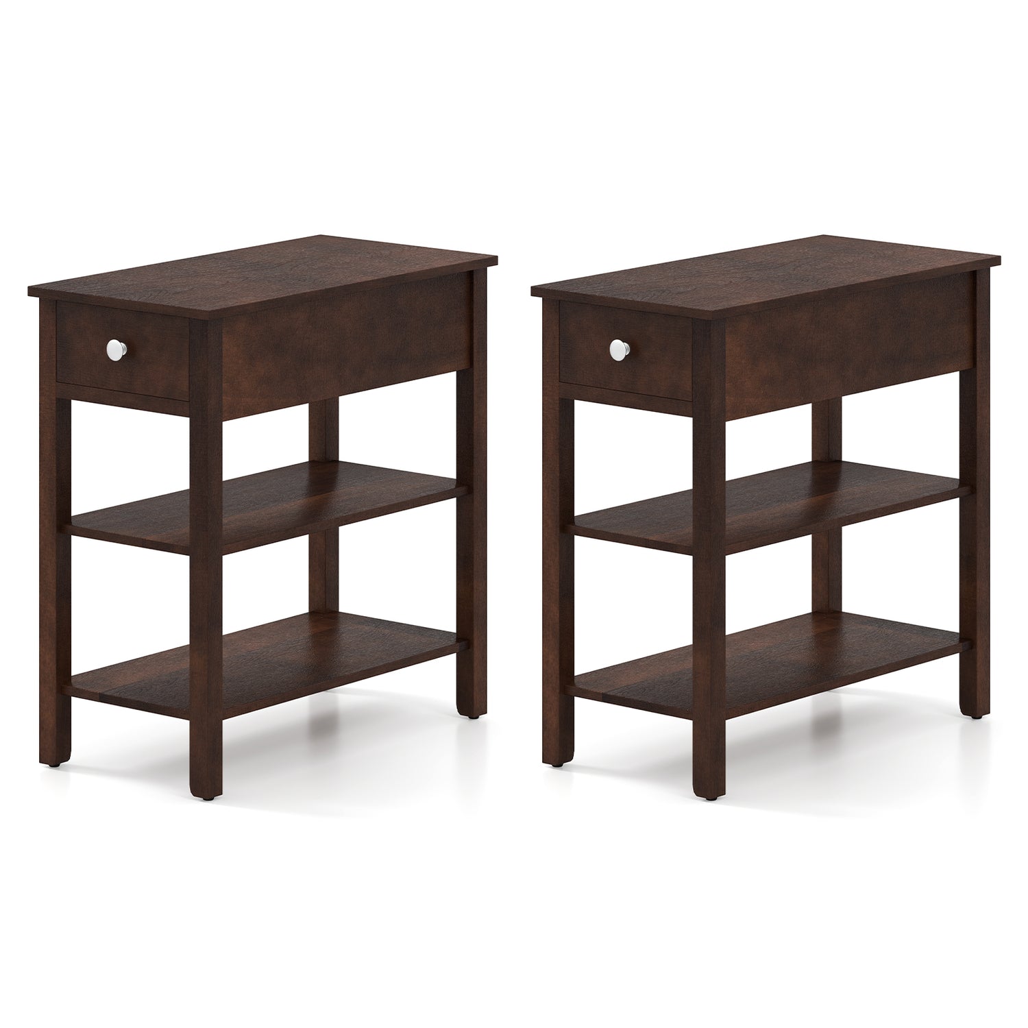3-Tier Narrow End Table with Drawer and Storage Shelves Set of 2