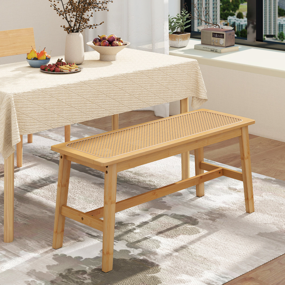 39.5 Inch Bamboo Dining Bench with Handwoven Rattan Seat for Indoor Outdoor-Natural