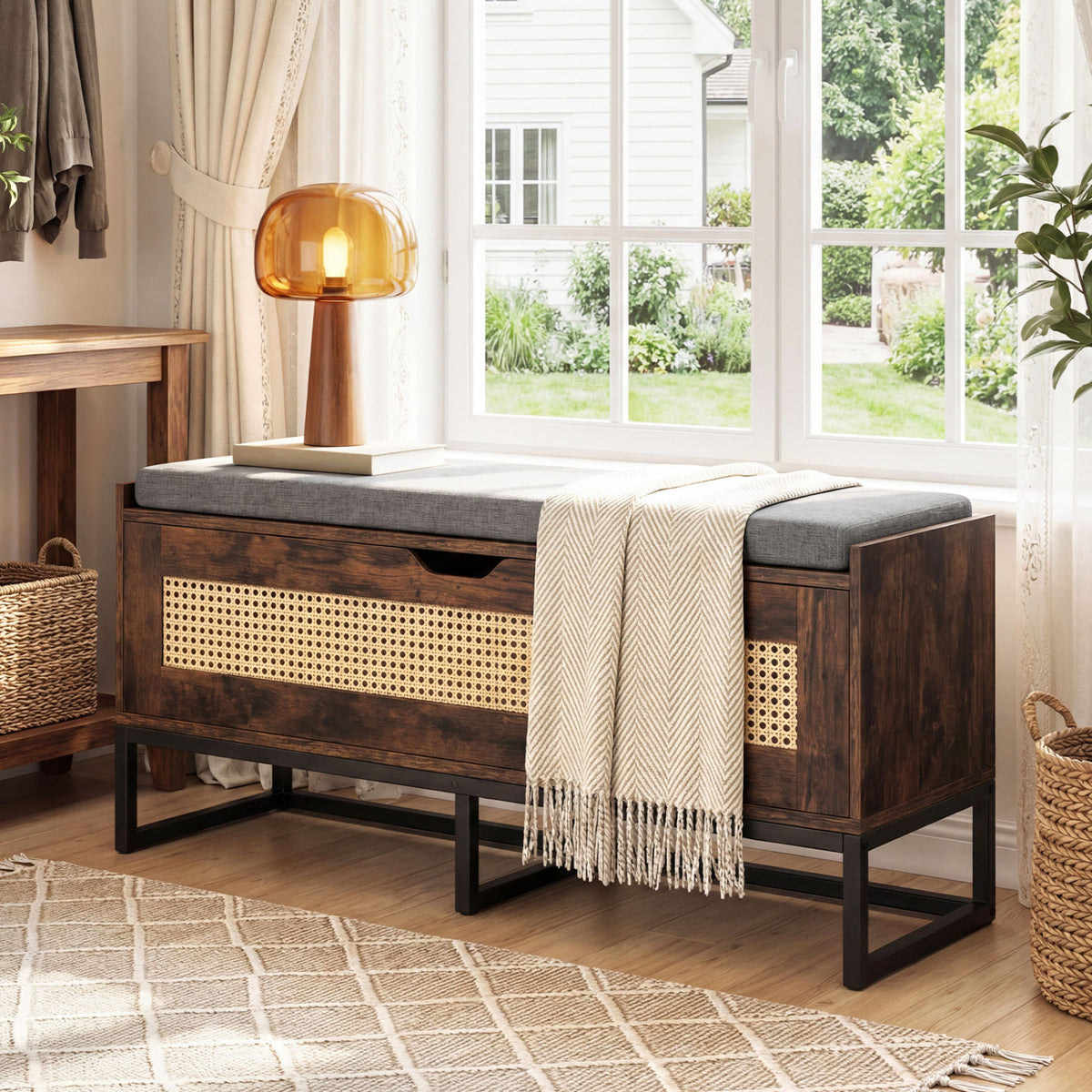 39.5" Rattan Storage Chest Wicker Shoe Bench with Padded Seat Flip-Top