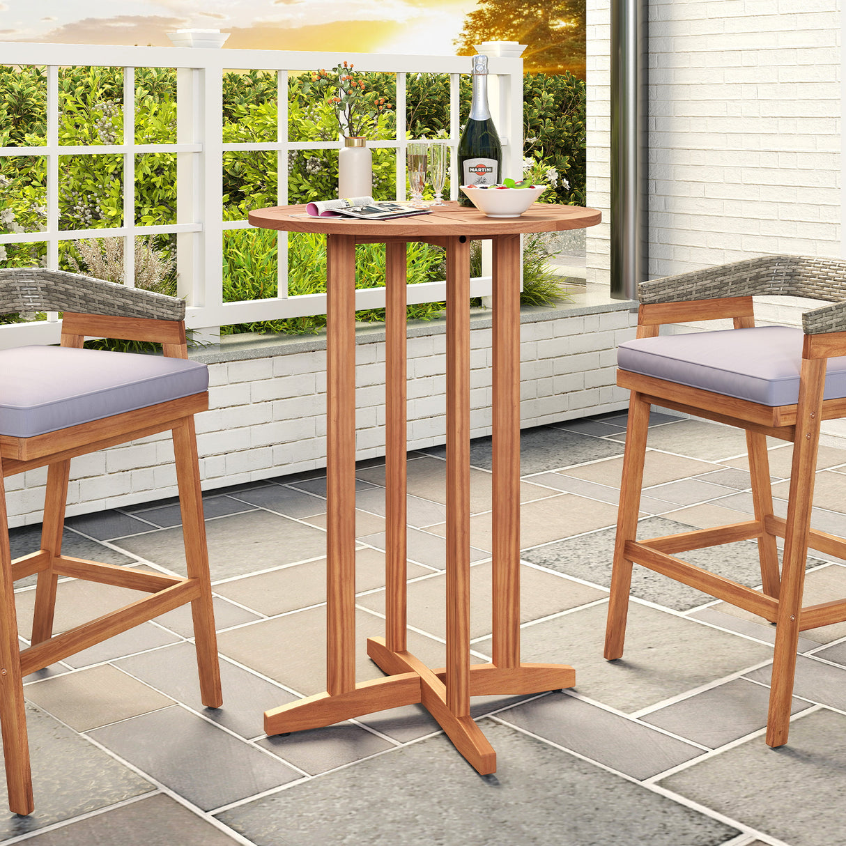 39 Inch Outdoor Acacia Wood Bar Table with Slatted Table Top