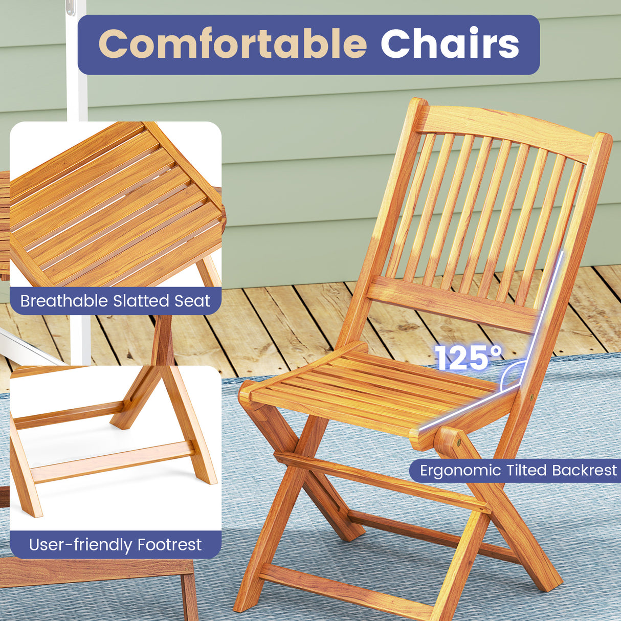3 Pieces Acacia Wood Patio Folding Bistro Set with Soft Cushions