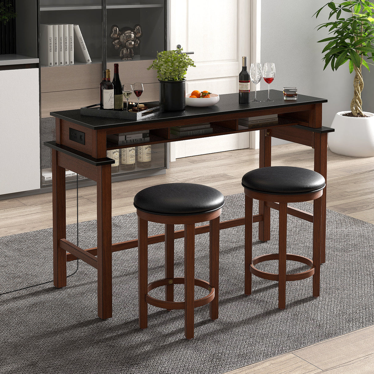 3-Piece Home Bar Set with 2 Upholstered Bar Stools Outlets and USB Ports-Black