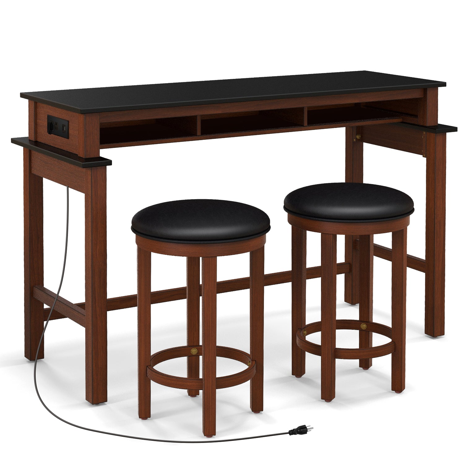 3-Piece Home Bar Set with 2 Upholstered Bar Stools Outlets and USB Ports-Black