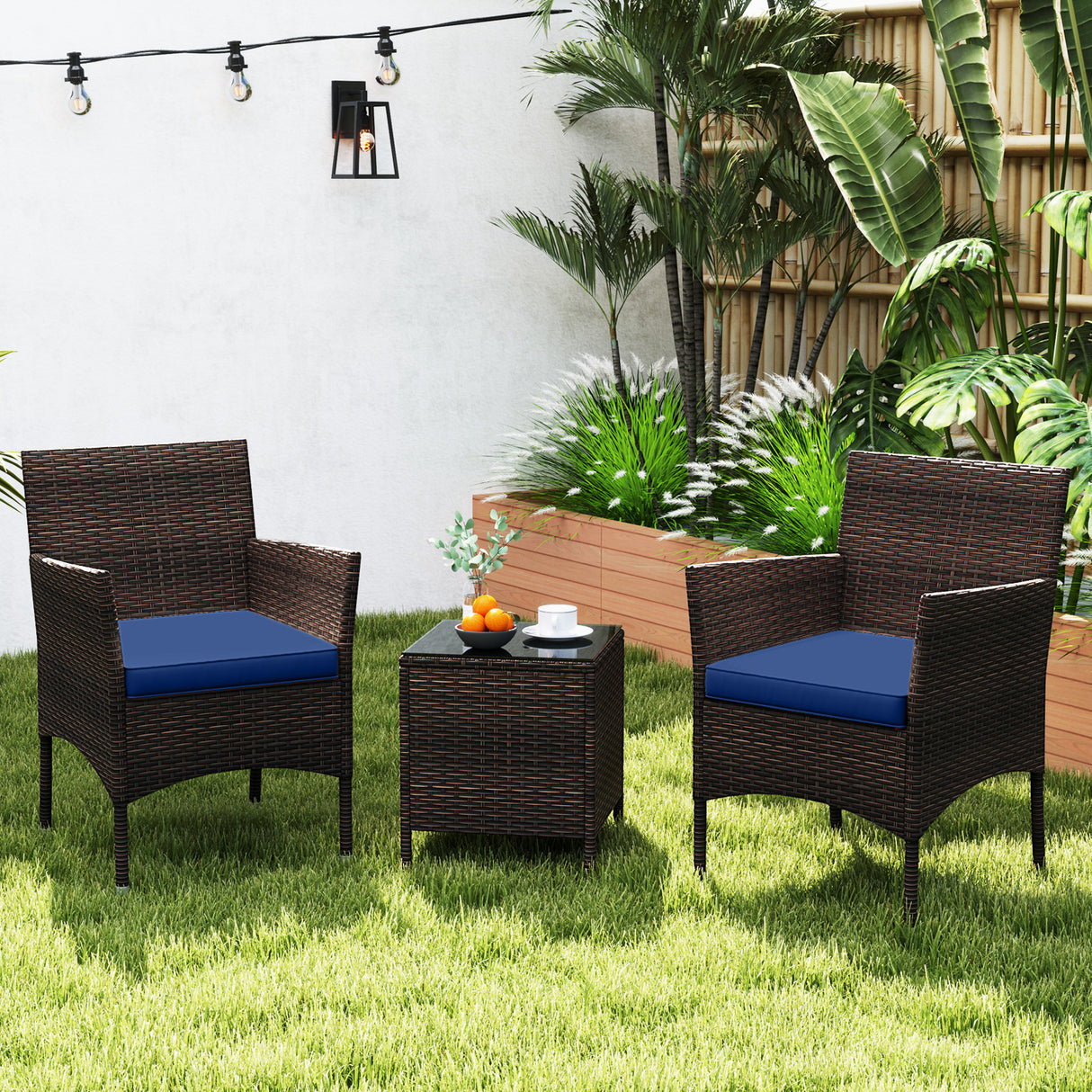 3 Pieces Outdoor Conversation Set with Cushioned Seat and Glass Tabletop