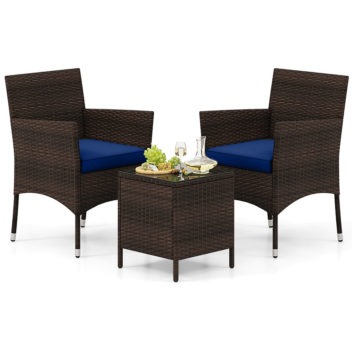 3 Pieces Outdoor Conversation Set with Cushioned Seat and Glass Tabletop