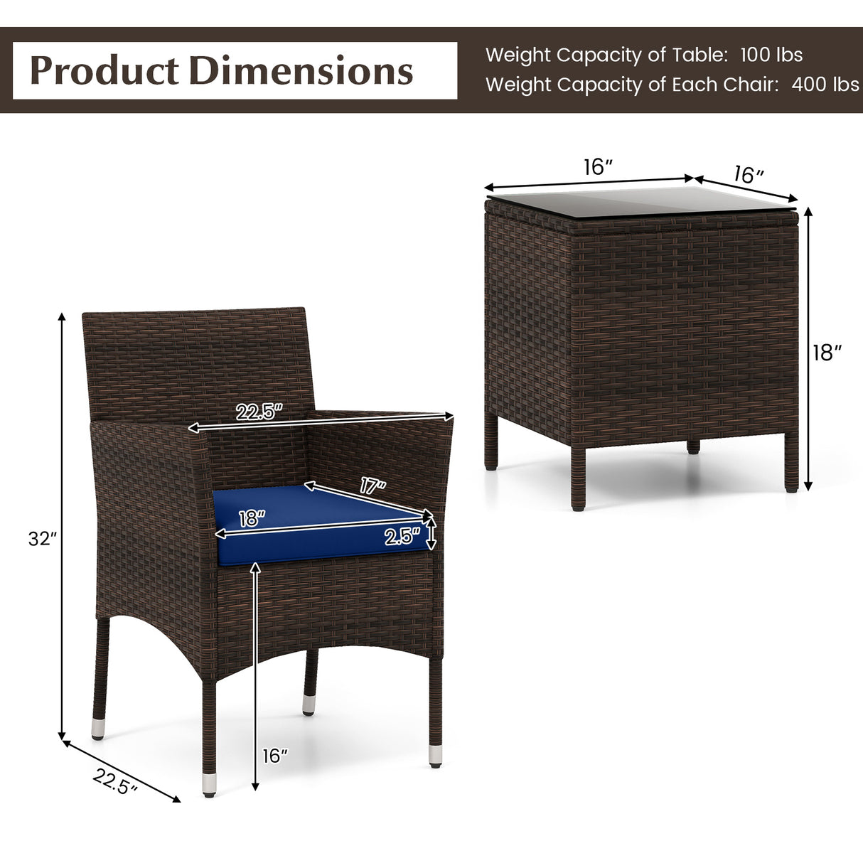 3 Pieces Outdoor Conversation Set with Cushioned Seat and Glass Tabletop