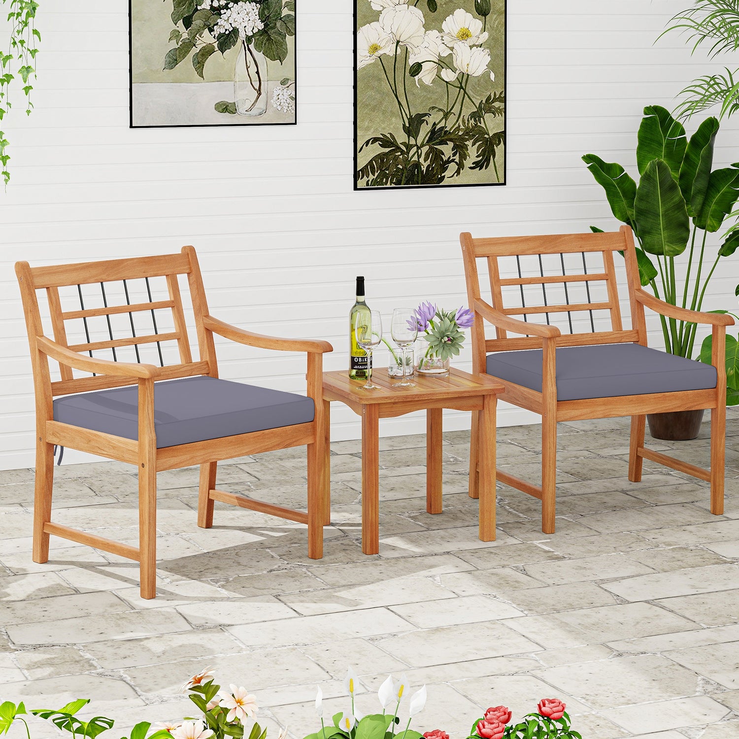 3 Piece Wood Patio Furniture Set with Seat Cushions and Acacia Wood Frame