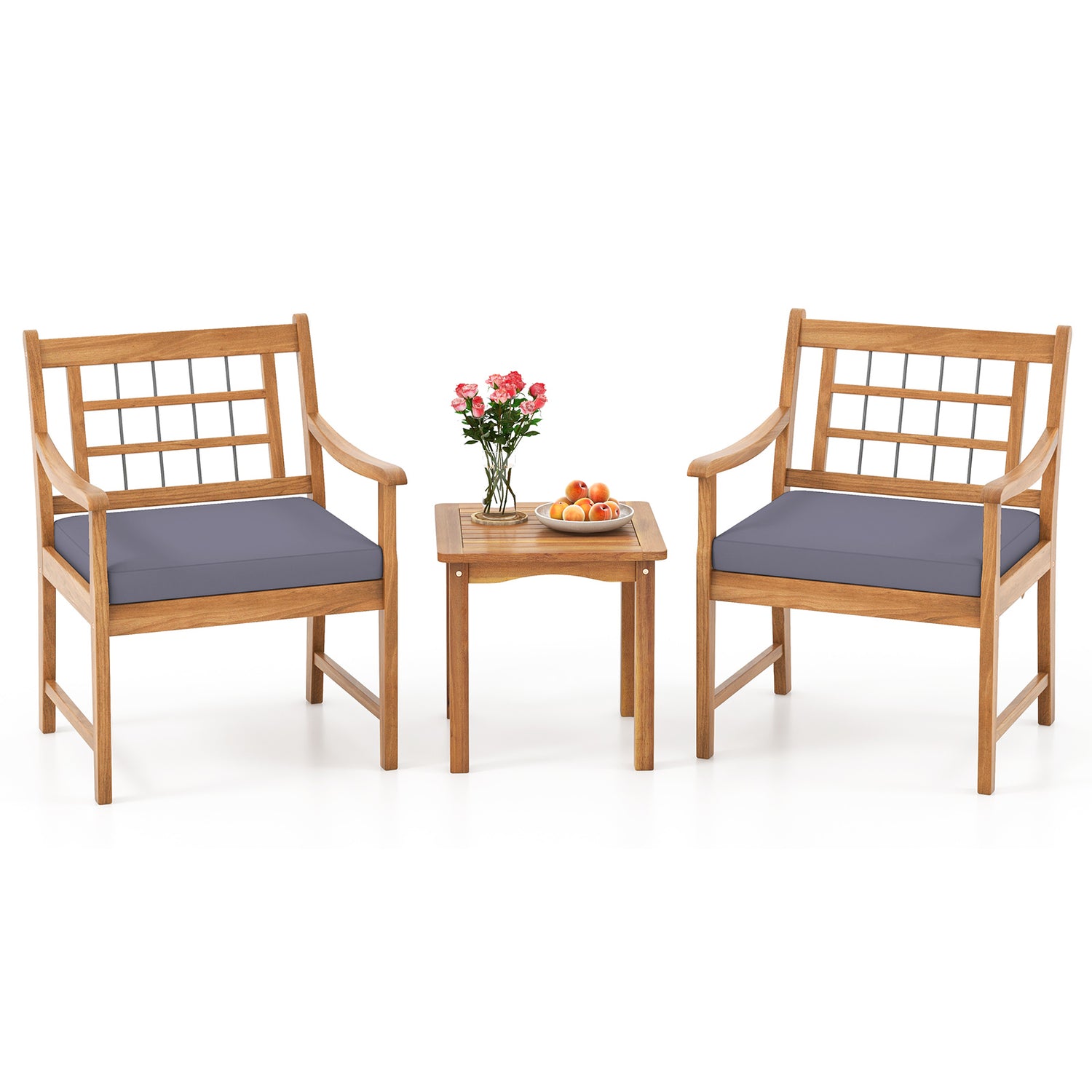 3 Piece Wood Patio Furniture Set with Seat Cushions and Acacia Wood Frame