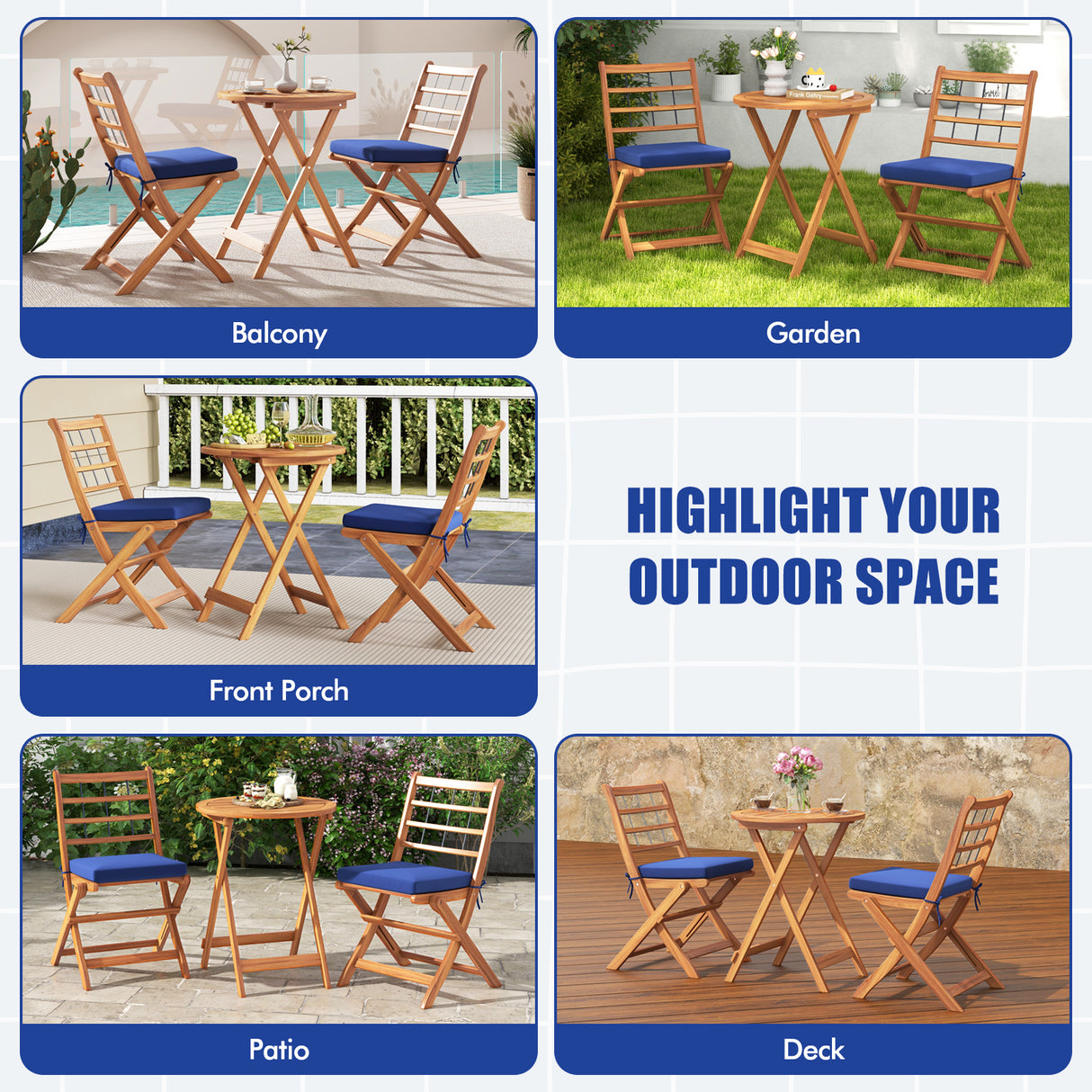 3 Pieces Acacia Wood Patio Bistro Set with Cushions