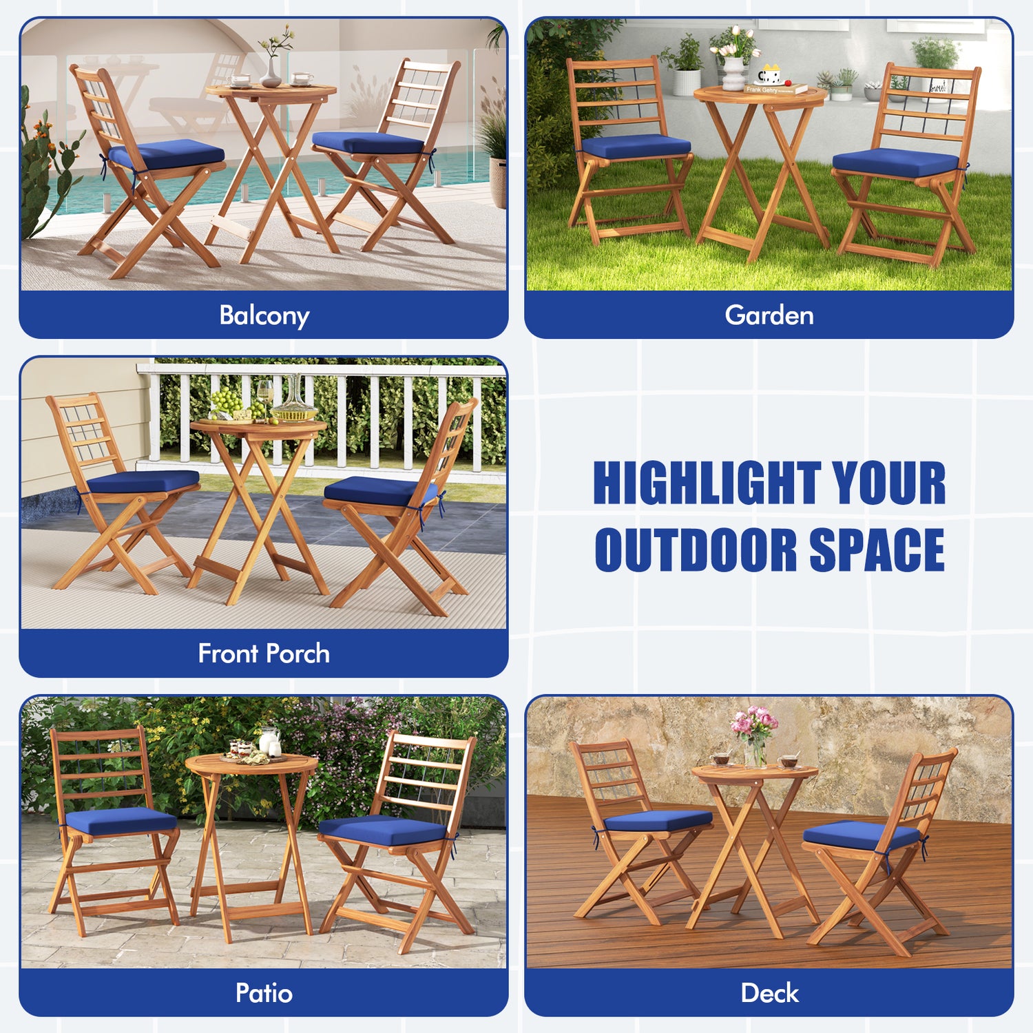3 Pieces Acacia Wood Patio Bistro Set with Cushions
