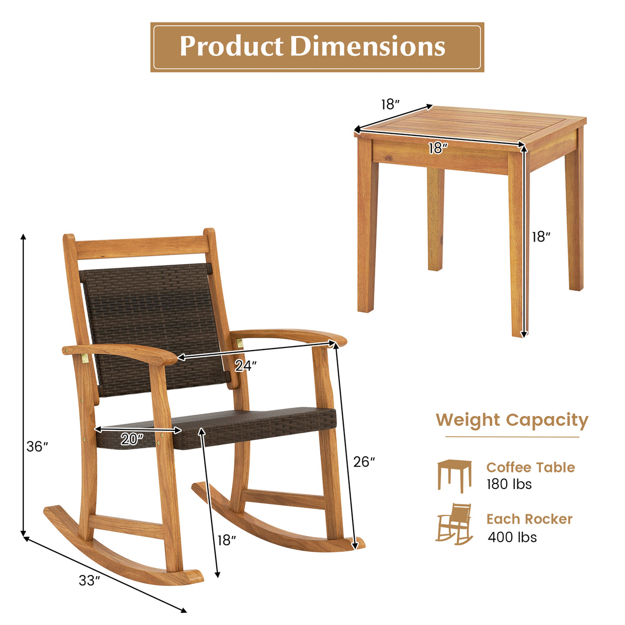 3 Pieces Acacia Wood Patio Rocking Chair Set with Side Table