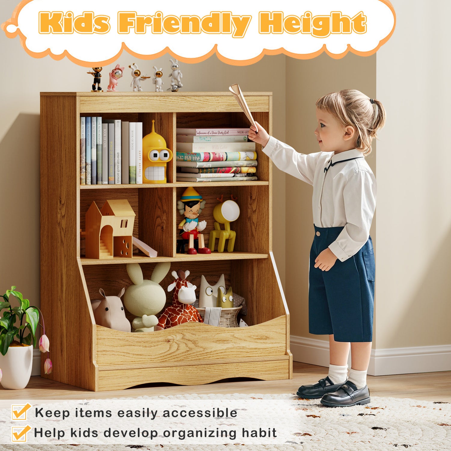 3-Tier Children's Multi-Functional Bookcase Toy Storage Bin Floor Cabinet