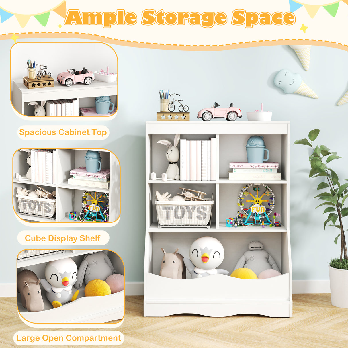 3-Tier Children's Multi-Functional Bookcase Toy Storage Bin Floor Cabinet