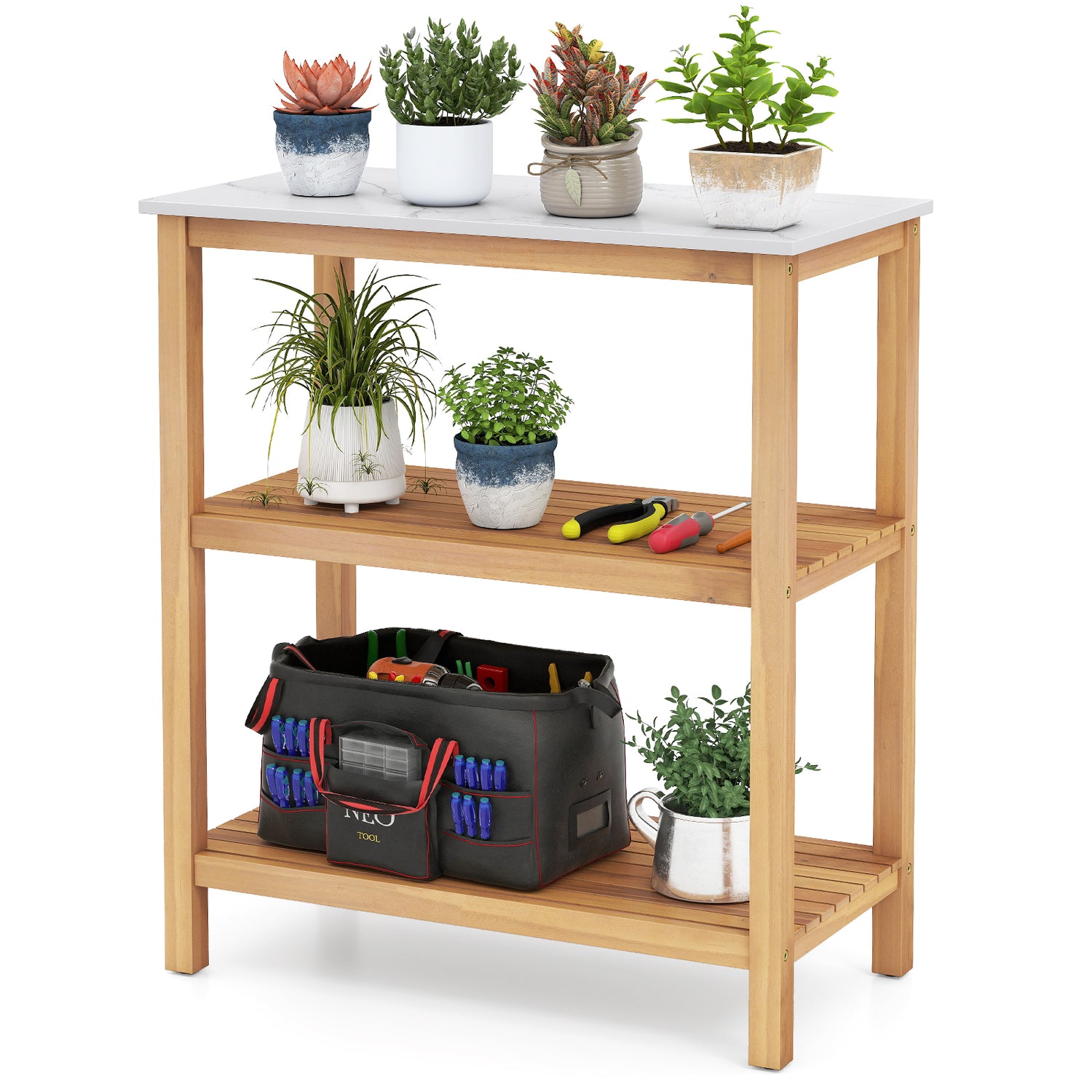 3-Tier Garden Potting Bench Table with Marble-Like Countertop