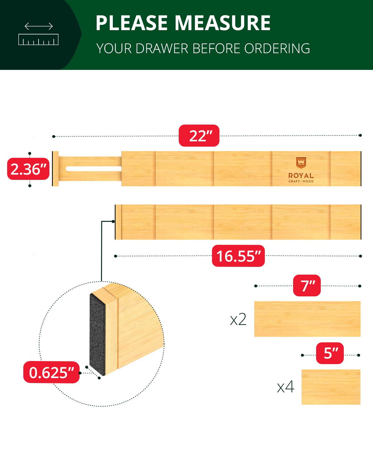 Drawer Dividers 22” with inserts, Natural