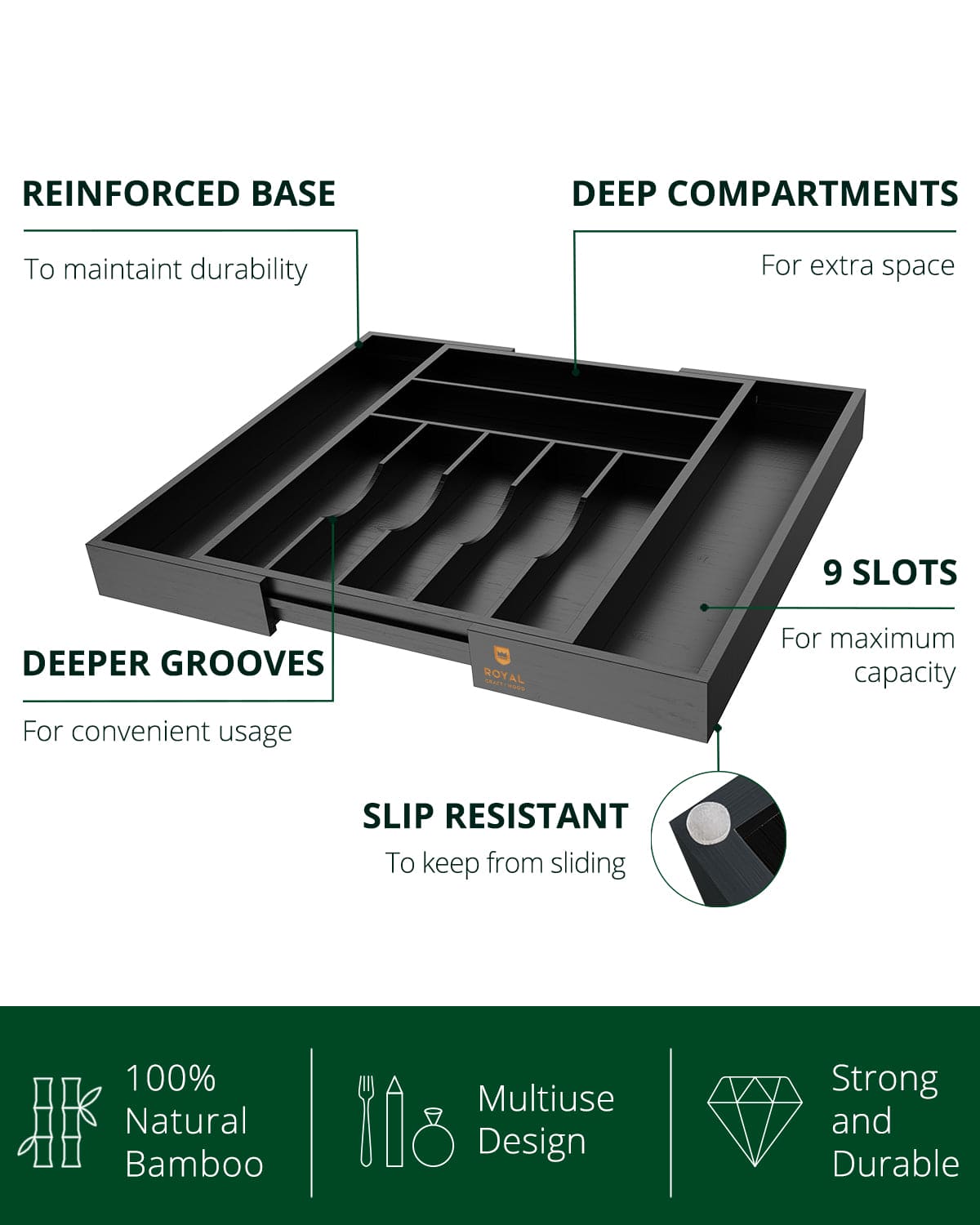 Silverware Drawer Organizer, Black (9 Slots)