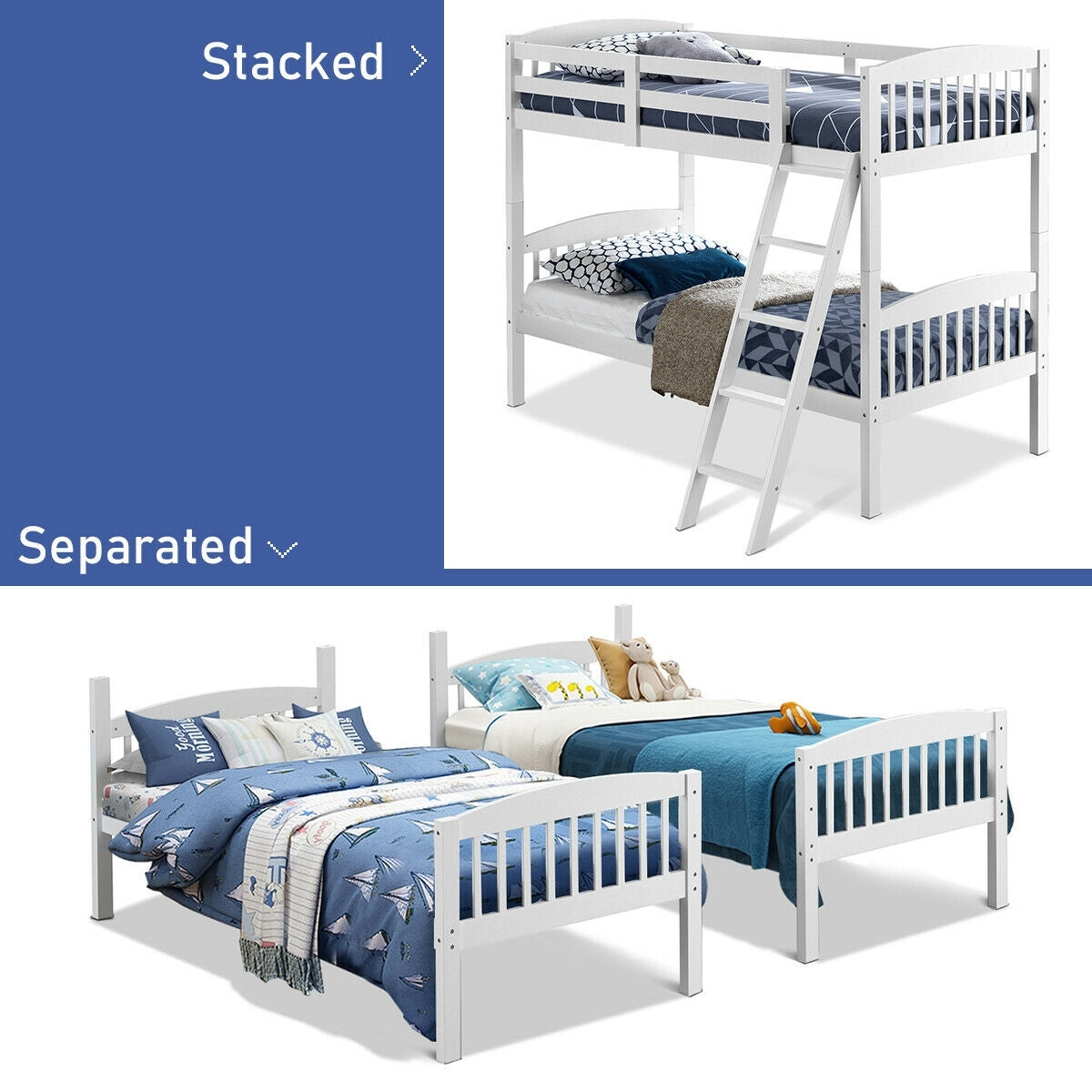 Solid Wood Twin Bunk Beds with Detachable Kids Ladder
