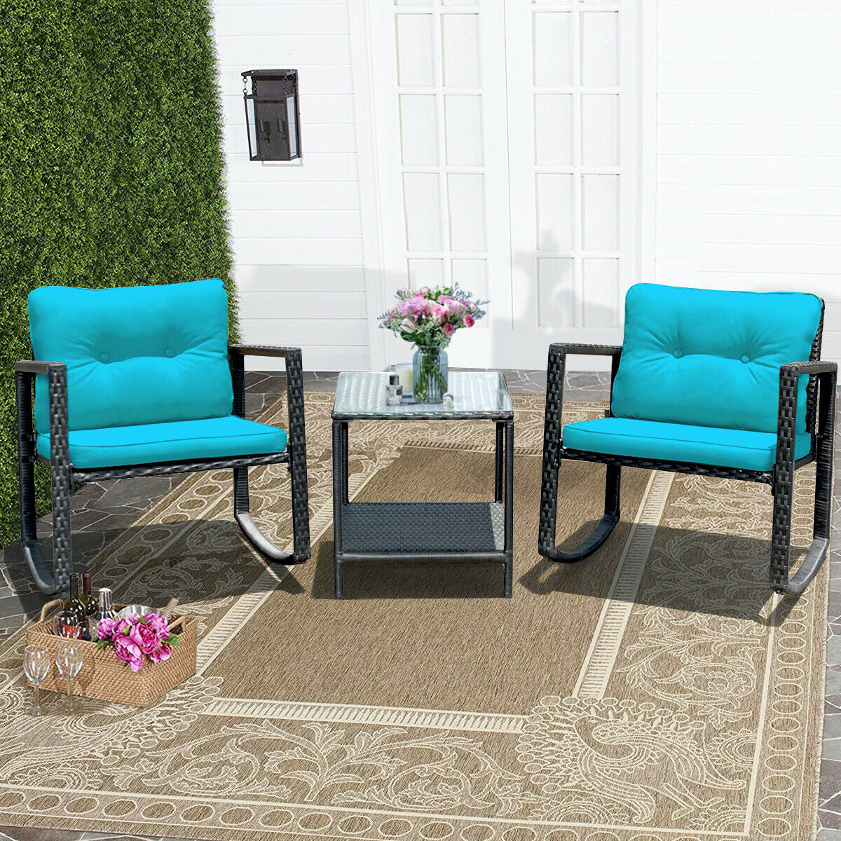 3 Pcs Wicker Rocking Bistro Set with Glass Coffee Table and Storage Shelf