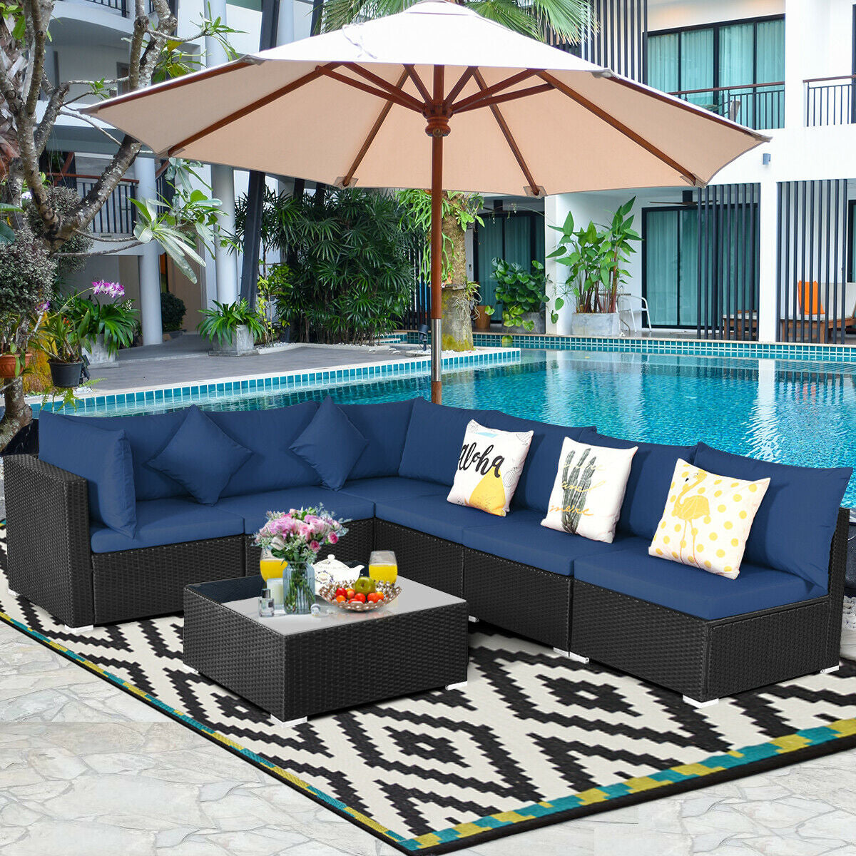7-Piece Outdoor Sectional Wicker Patio Sofa Set with Tempered Glass Top