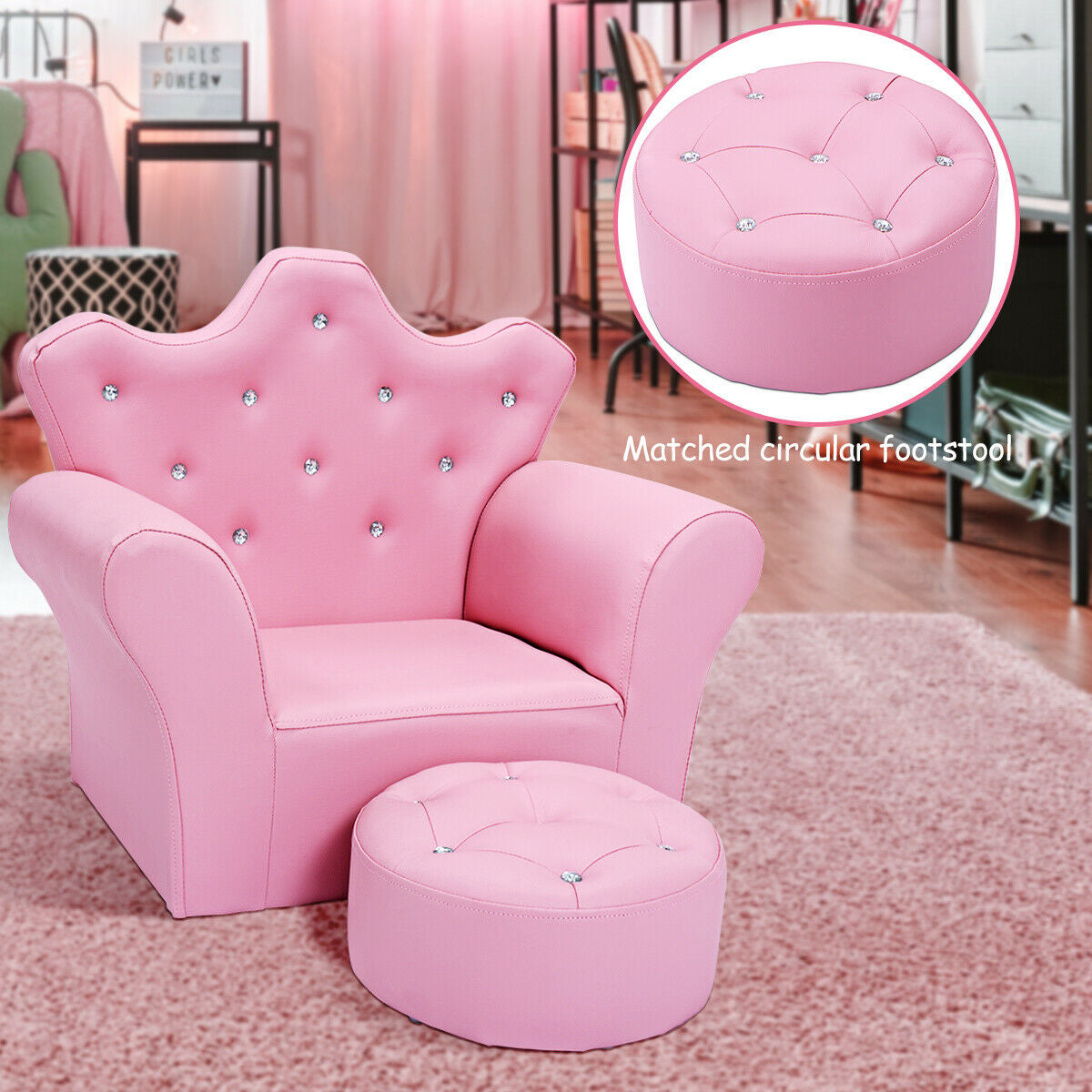 Pink Kids Sofa Armrest Couch with Ottoman