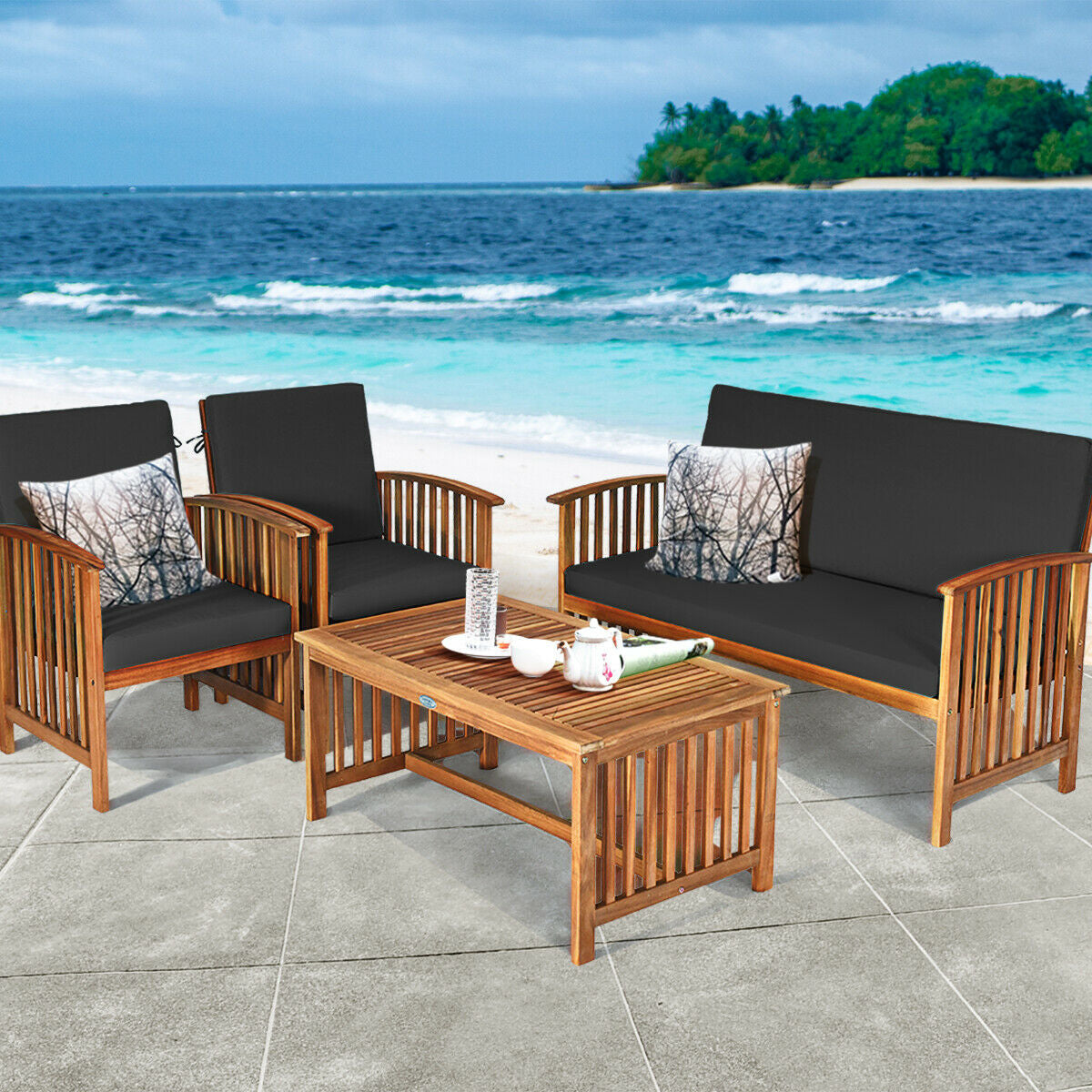 4 Pieces Patio Solid Wood Furniture Set