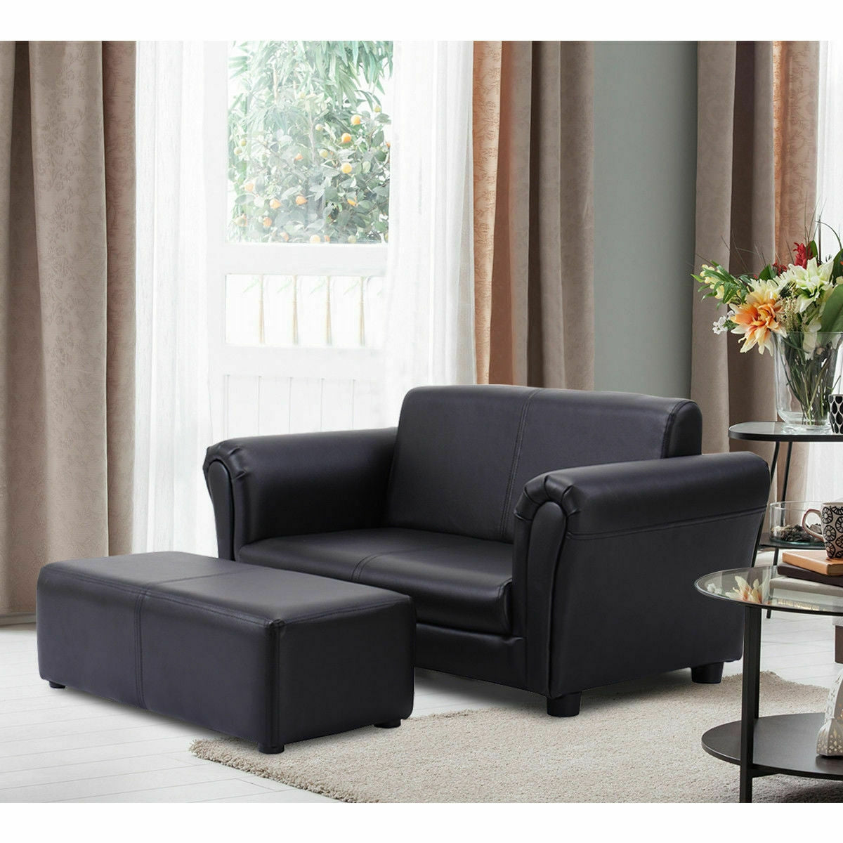 Black/White Kids Double Sofa with Ottoman
