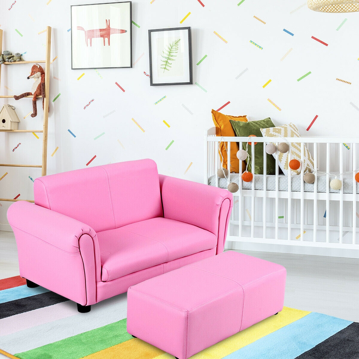Black/White Kids Double Sofa with Ottoman