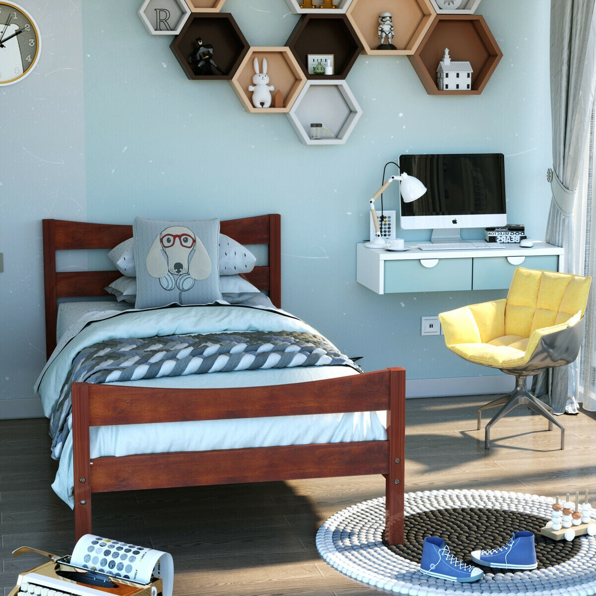 Twin Size Rustic Platform Bed Frame with Headboard and Footboard