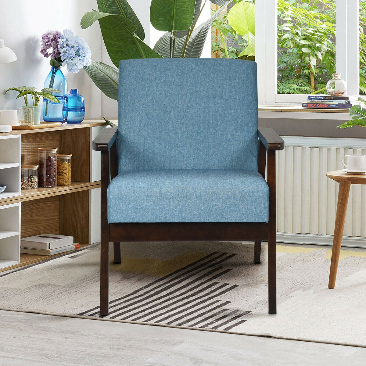 Solid Rubber Wood Fabric Accent Armchair