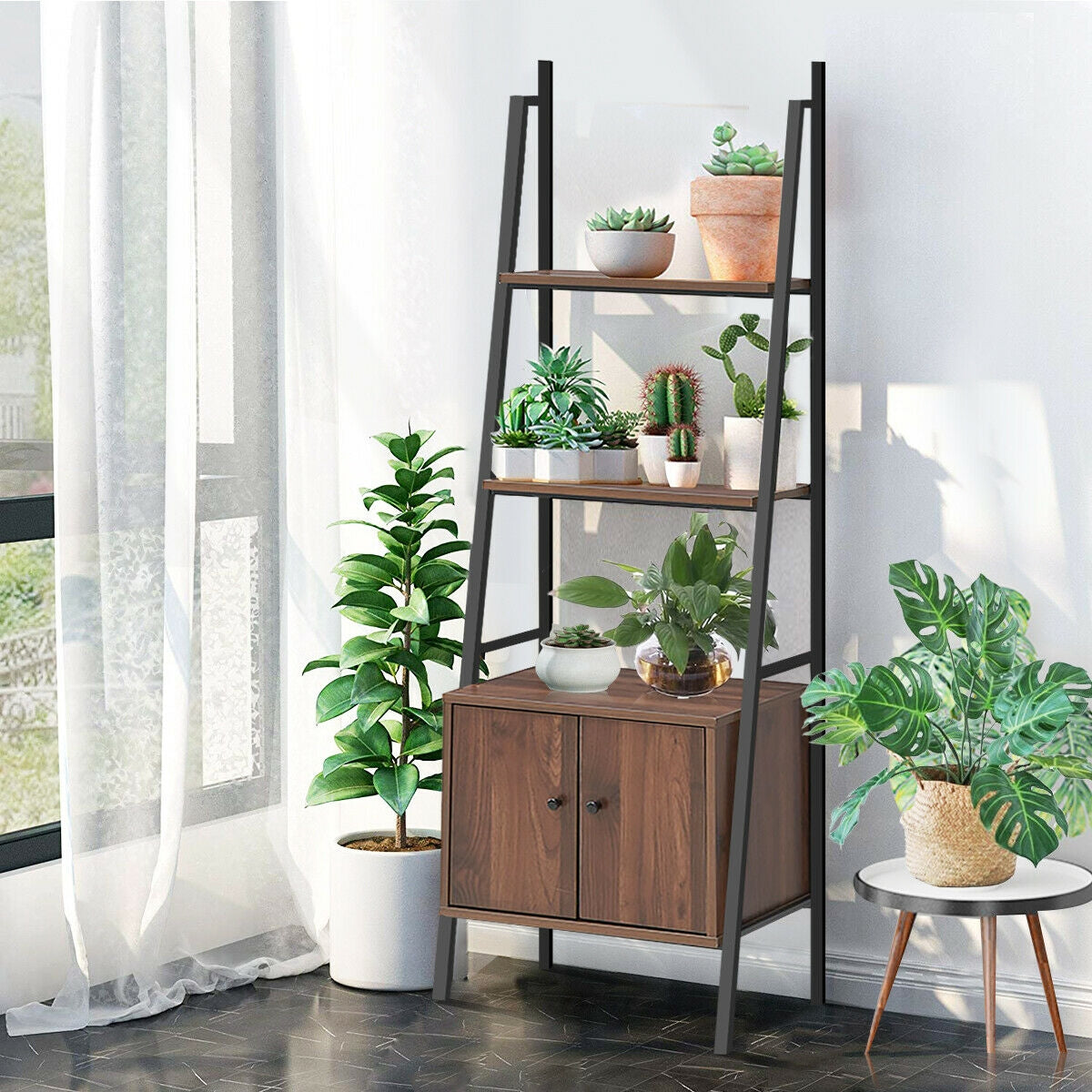 Ladder Shelf 3 Tier Bookcase Metal Frame Bookshelf
