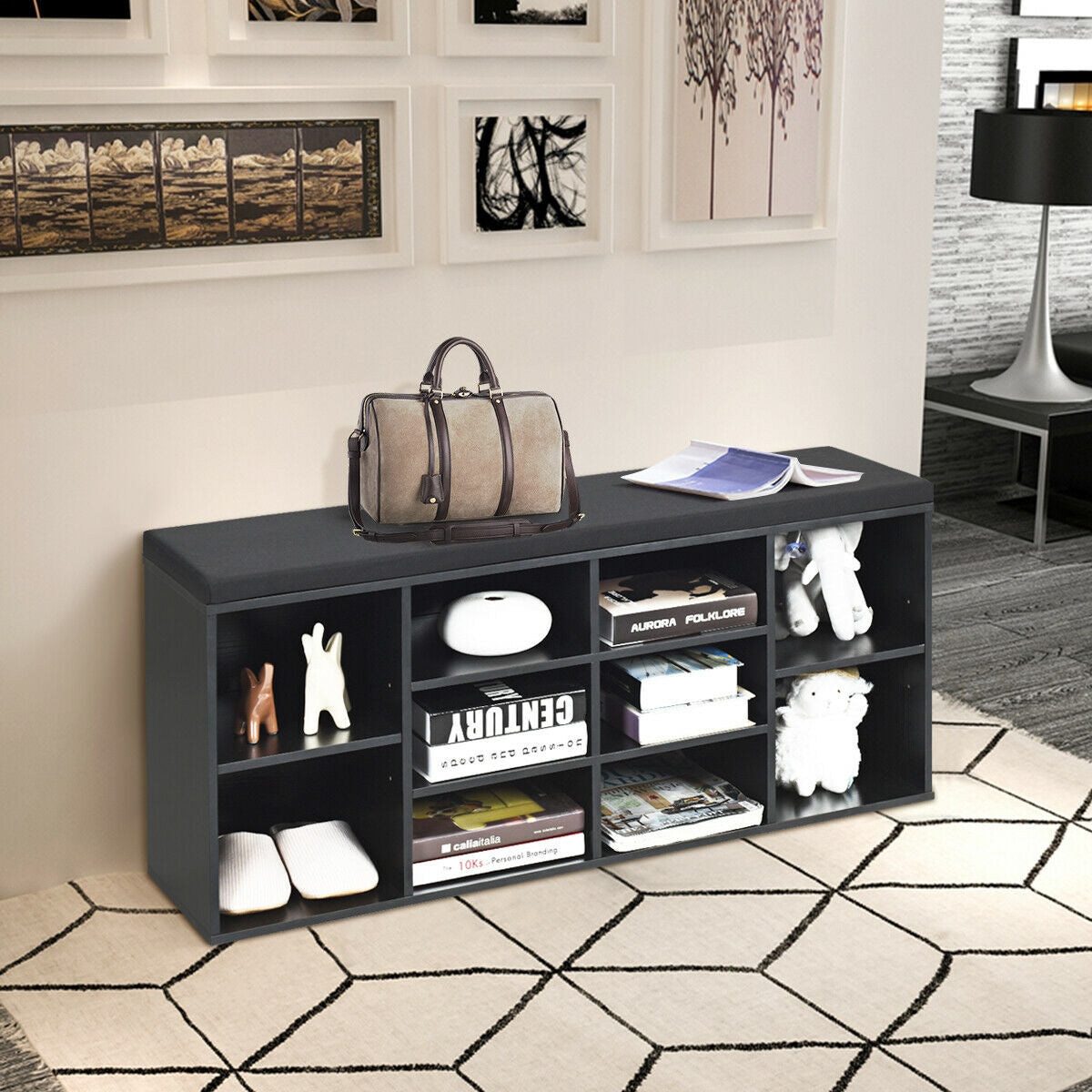 10-Cube Organizer Shoe Storage Bench with Cushion for Entryway