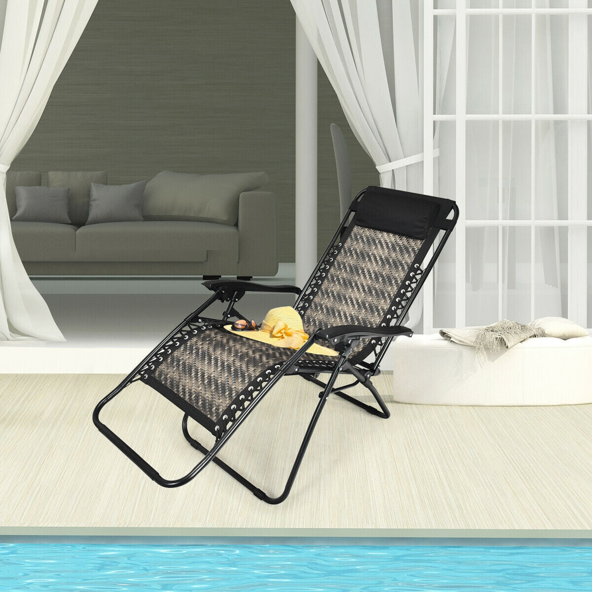 Folding Rattan Zero Gravity Lounge Chair with Removable Head Pillow