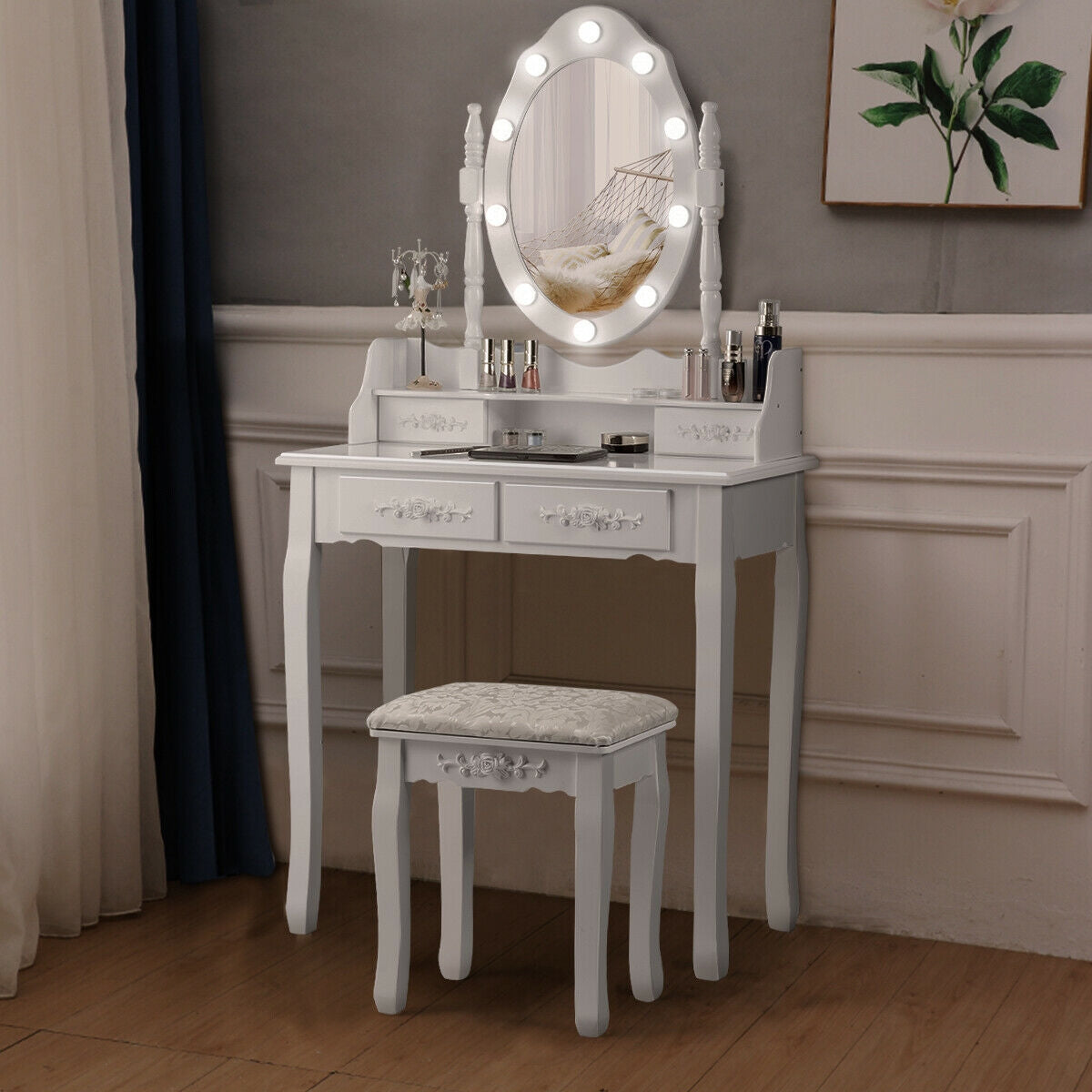 Makeup Vanity Dressing Table Set with Dimmable Bulbs Cushioned Stool-White