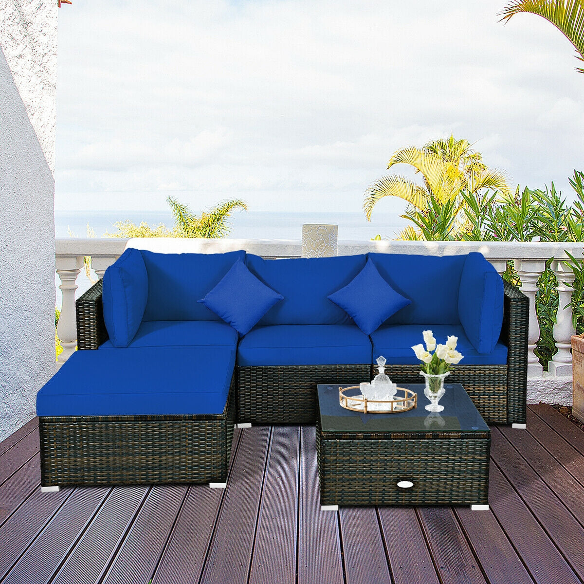 5 Pieces Outdoor Patio Rattan Furniture Set With Cushions