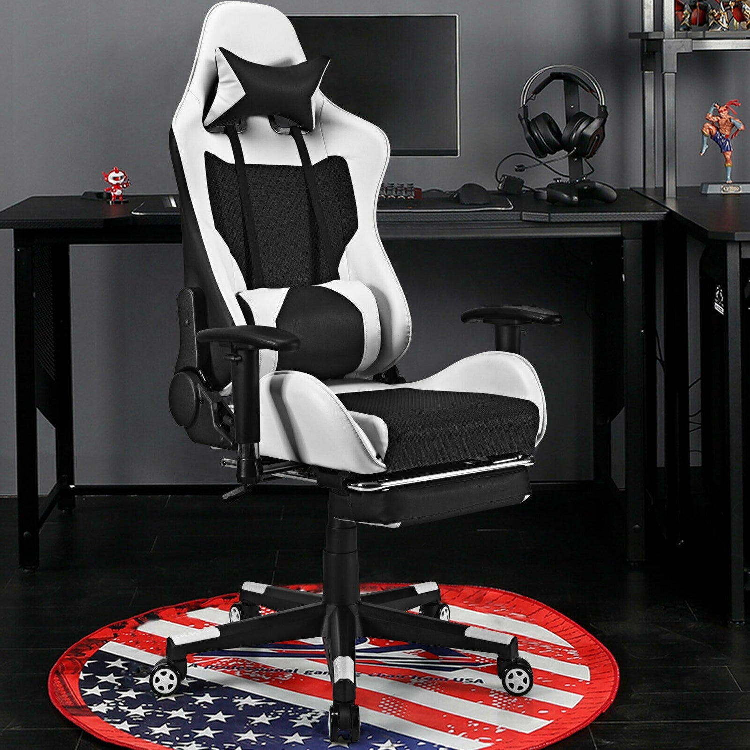 PU Leather Gaming Chair with USB Massage and Lumbar Pillow Footrest