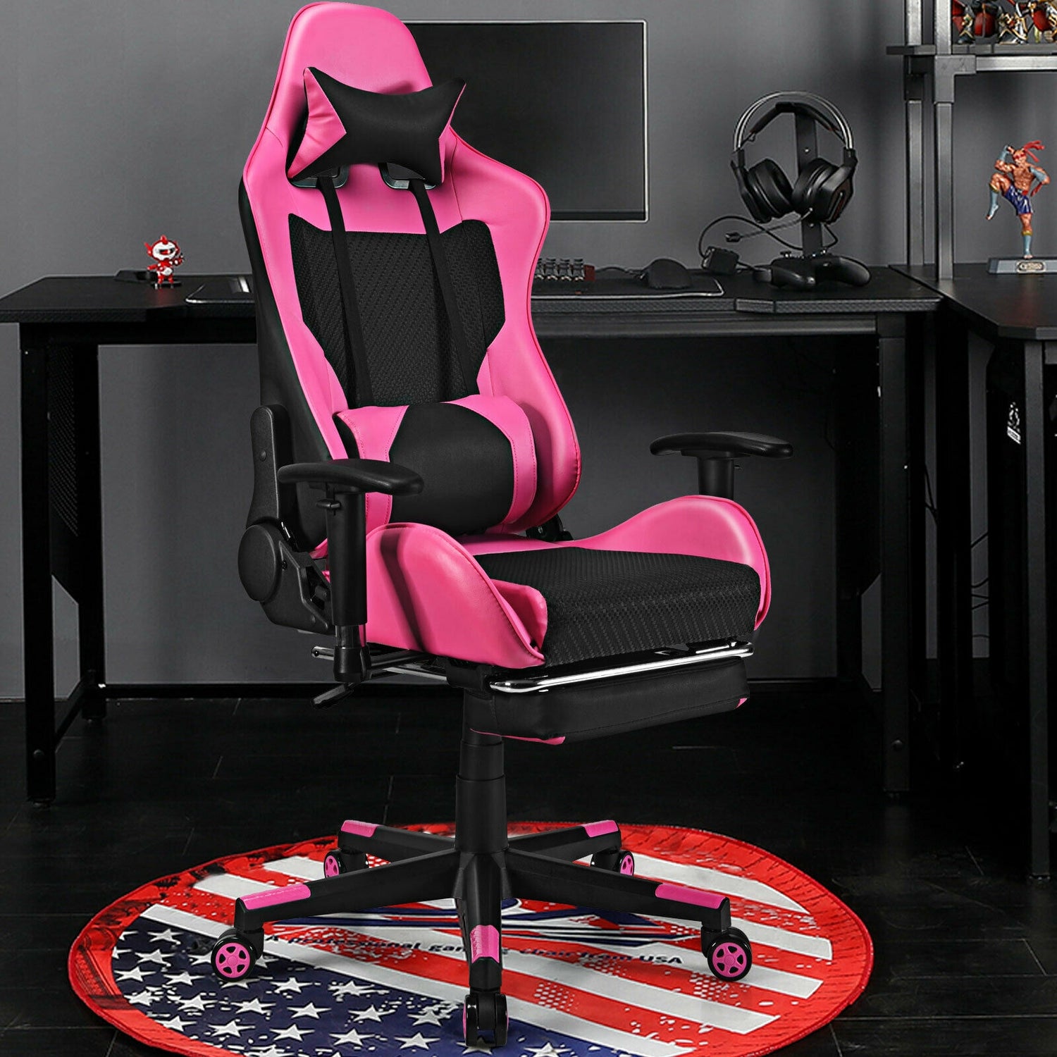 PU Leather Gaming Chair with USB Massage and Lumbar Pillow Footrest