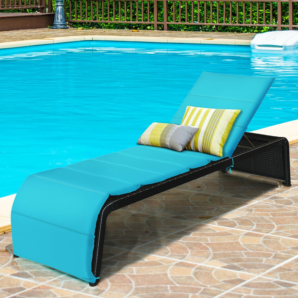 Patio Rattan Lounge Chair Back Adjustable Chaise Recliner with Cushioned