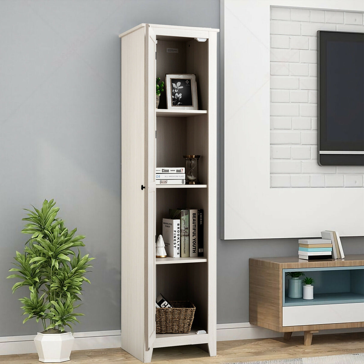 Linen Tower Bathroom Storage Cabinet Tall Slim Side Organizer with Shelf