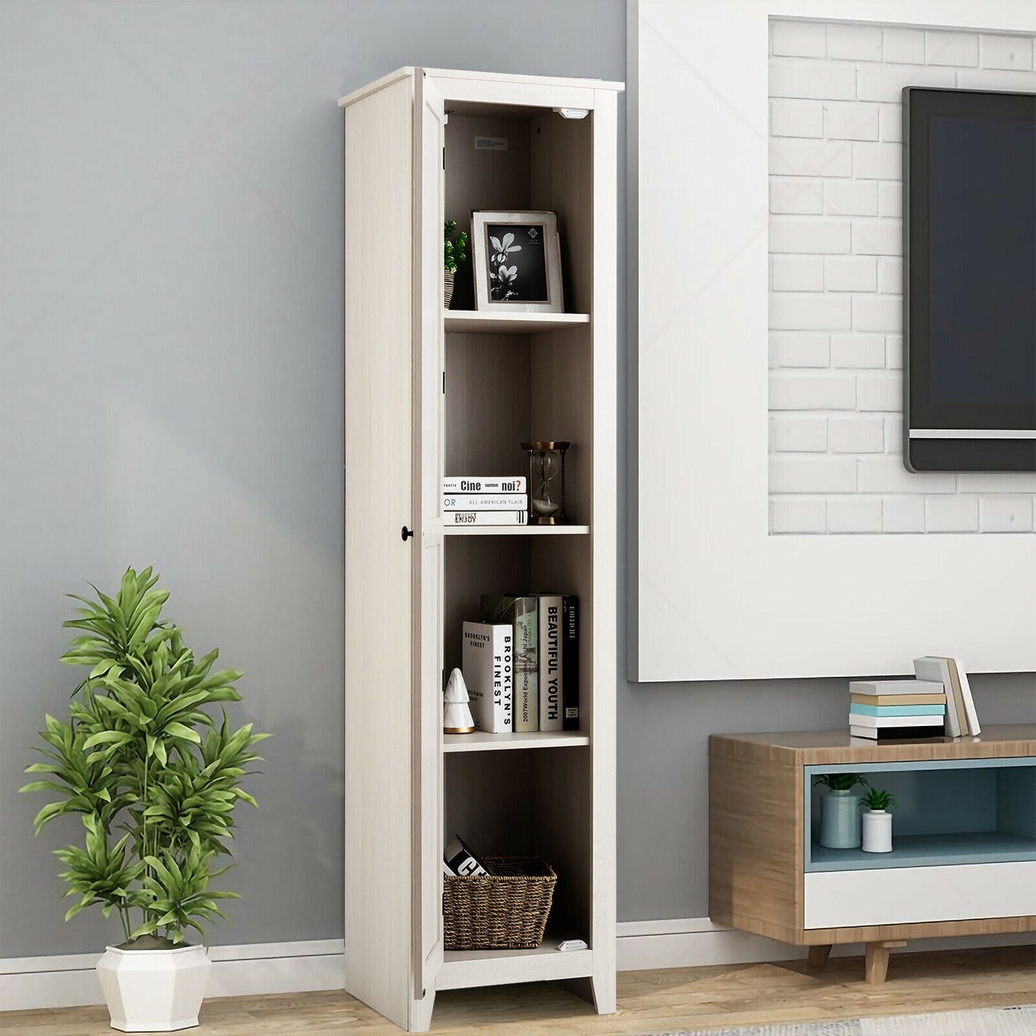 Linen Tower Bathroom Storage Cabinet Tall Slim Side Organizer with Shelf