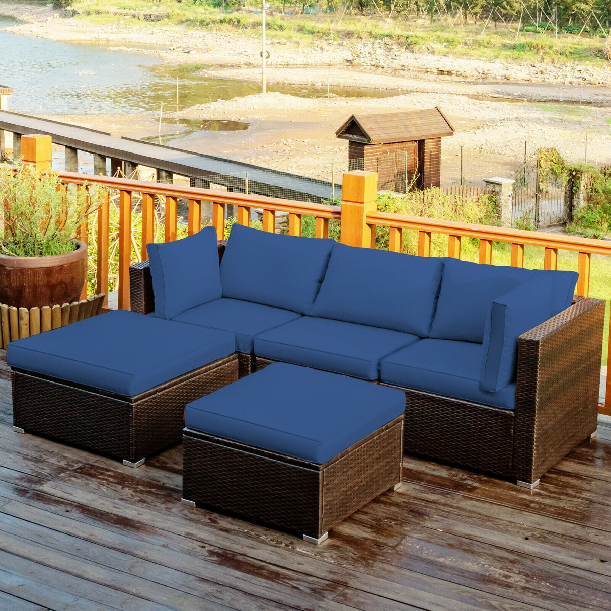 5 Pieces Patio Rattan Sectional Conversation Ottoman Furniture Set