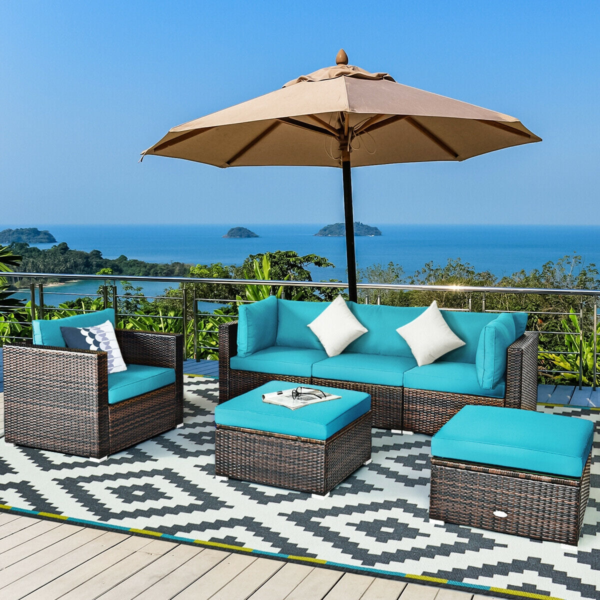 6 Pcs Patio Rattan Furniture Set with Sectional Cushion