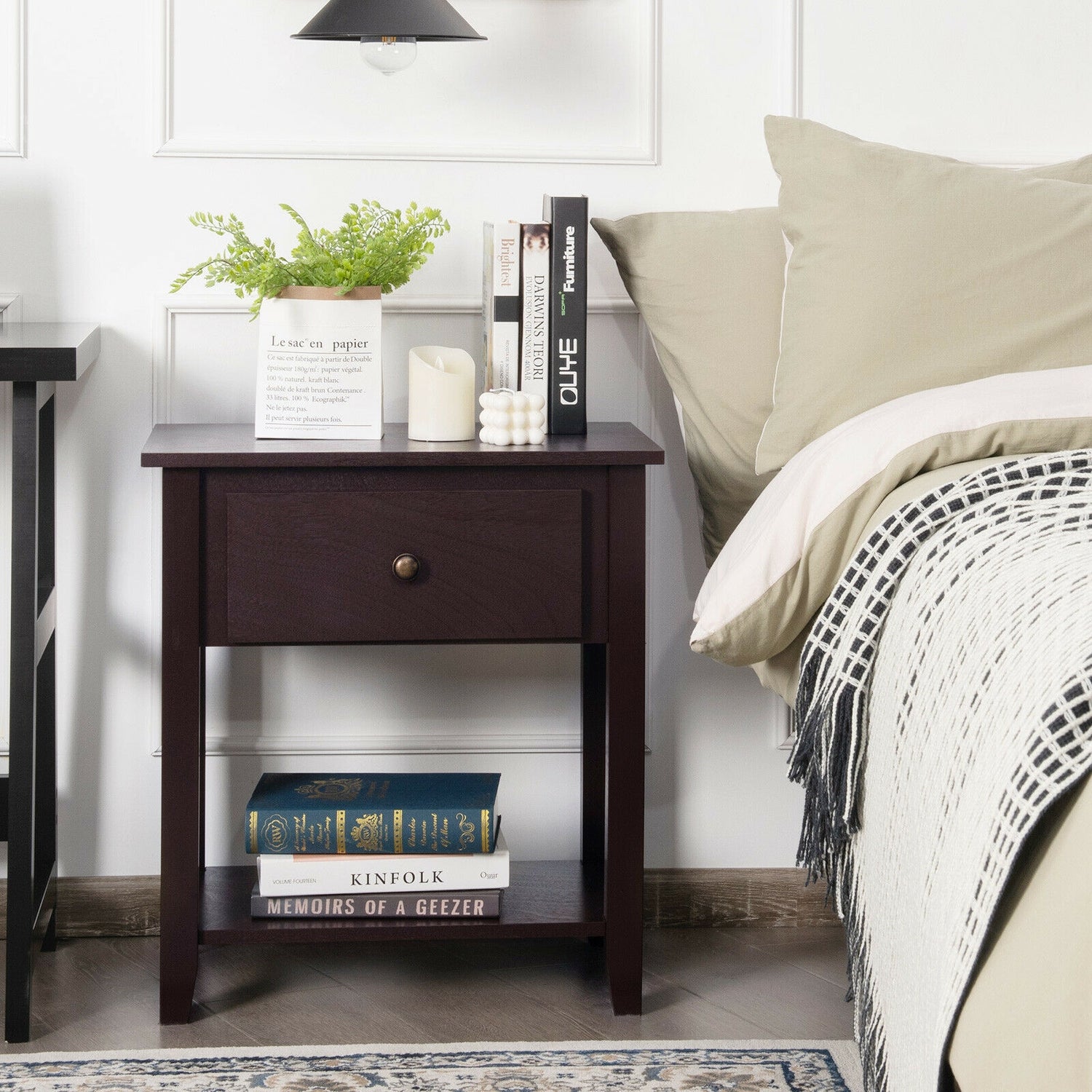 Nightstand with Drawer and Storage Shelf for Bedroom Living Room