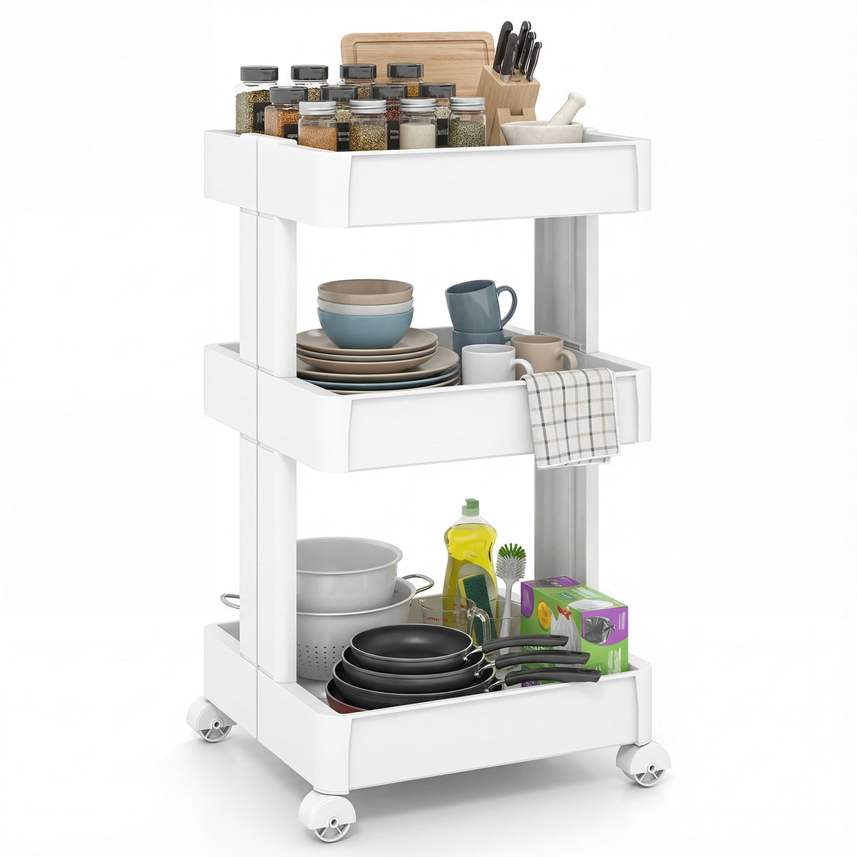 3/4-Tier Rolling Utility Cart with Detachable Trays and Smooth Wheels-3/Wheels-4