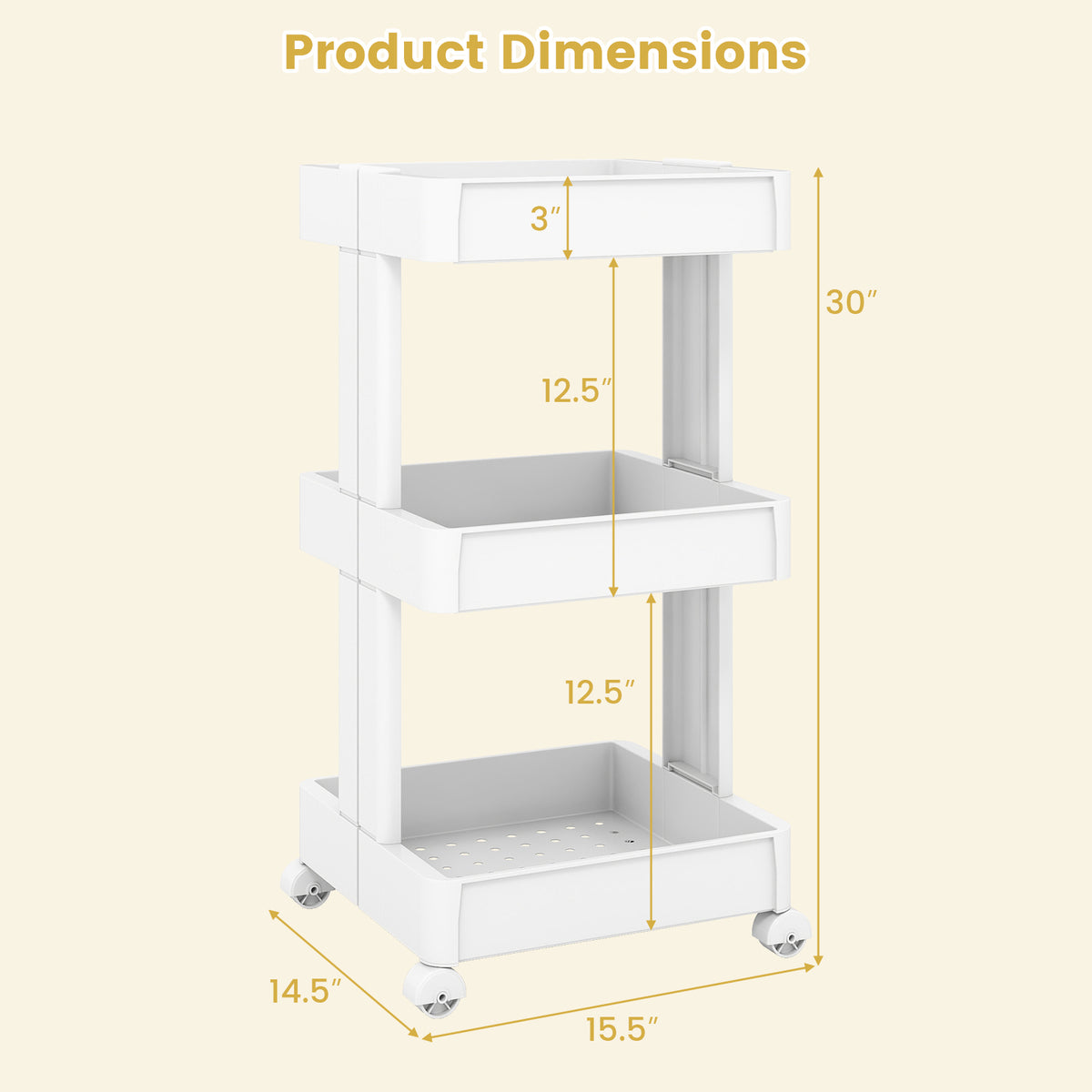 3/4-Tier Rolling Utility Cart with Detachable Trays and Smooth Wheels-3/Wheels-4