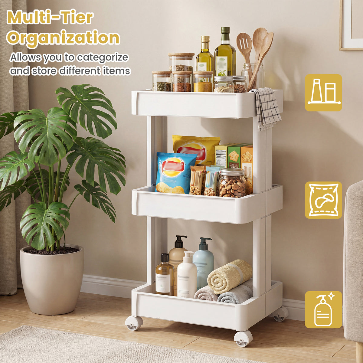 3/4-Tier Rolling Utility Cart with Detachable Trays and Smooth Wheels-3/Wheels-4