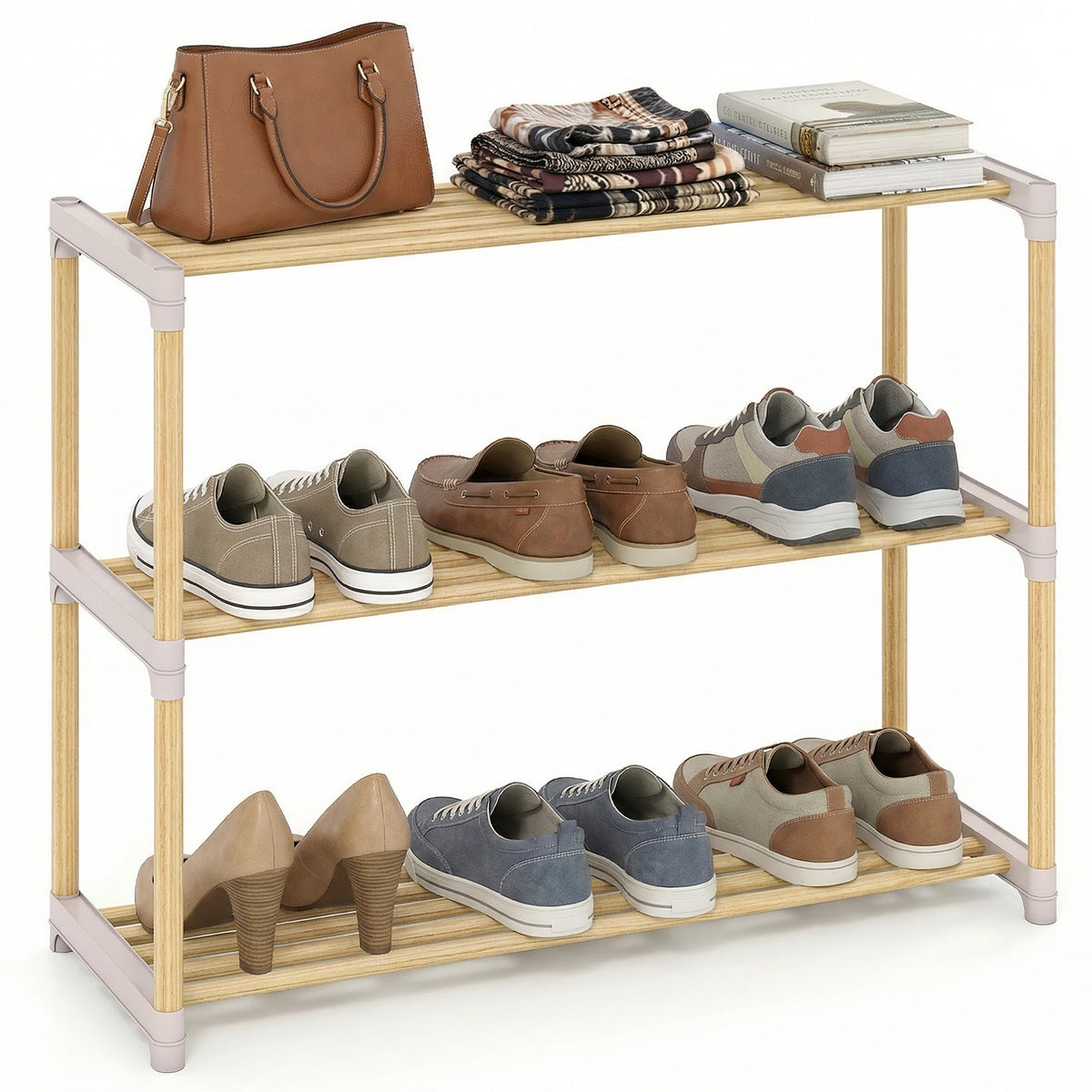 3/4-Tier Solid Wood Shoe Rack with Slatted Open Shelves-3/Shelves-4