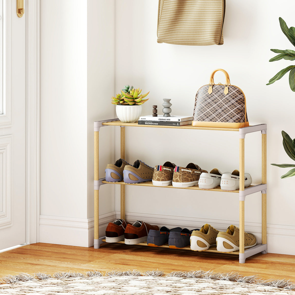 3/4-Tier Solid Wood Shoe Rack with Slatted Open Shelves-3/Shelves-4
