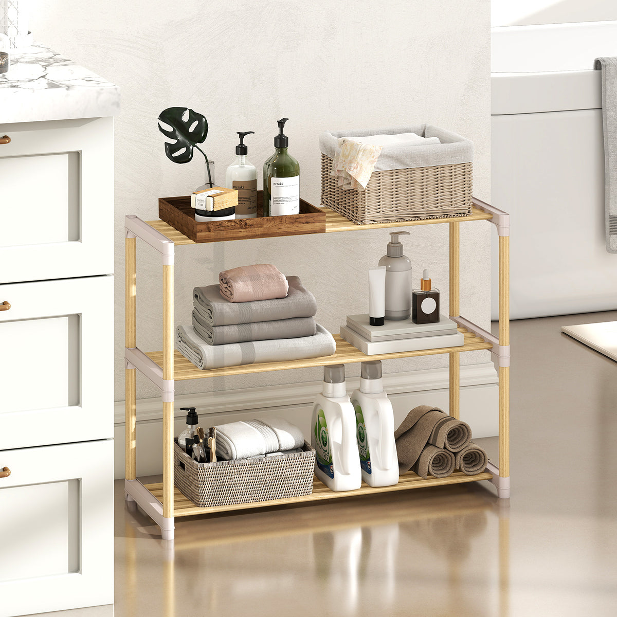 3/4-Tier Solid Wood Shoe Rack with Slatted Open Shelves-3/Shelves-4
