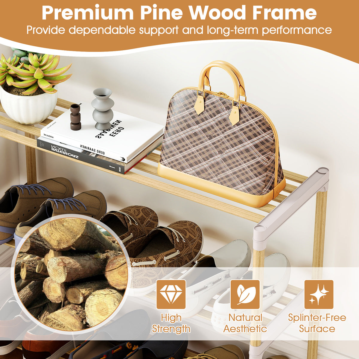 3/4-Tier Solid Wood Shoe Rack with Slatted Open Shelves-3/Shelves-4